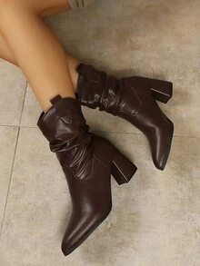 British Style V-Neck Ruched Ankle Boots Women Brown Soft Leather Pointed Toe Chunky Heel Western Boots Commute Leg-Lengthening High Heel Slouch Boots - Brown - View 7