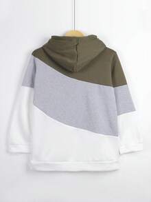 Plus Size Women's Long Sleeve Drawstring Colorblock Hooded Sweatshirt - Army Green - View 2
