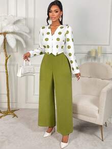 Women's Casual Elegant Polka Dot 2 Pieces Set, Including Cardigan Collar Shirt And Wide Leg Pants, Suitable For Autumn - Green - View 8