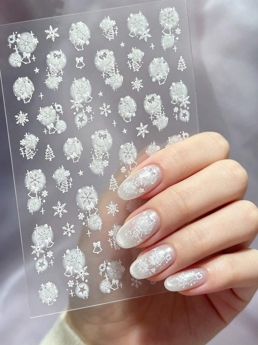 1 Sheet Christmas Nail Stickers, Flat Ink Wash Snowflake & Christmas Tree Design, Minimalist Versatile Self-Adhesive Nail Art Decorations