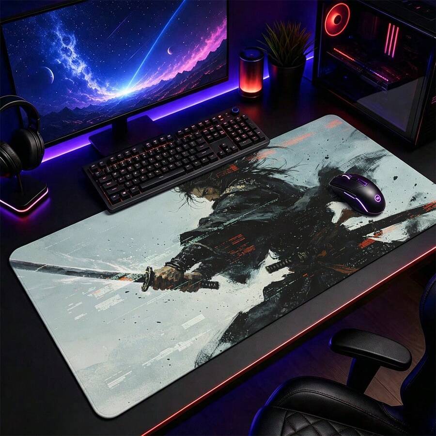 1pc Dark Fantasy Dragon Gaming Mouse Pad, Black Gray Red Abstract Warrior Artwork, Large Extended Desk Mat For Keyboard And Mouse, Non-Slip Computer Desk Pad For Gaming Room And Office Setup - View 1