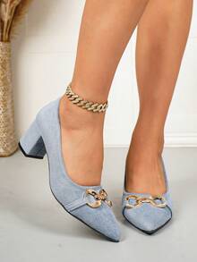 Women's Pointed Toe Chunky Heel High Heels, Versatile Commuter Style, Autumn New Suede Low-Cut Plus Size Elegant High Heels - Light Blue - View 4