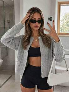 UNTUK KECANTIKAN Musim Gugur Musim Dingin Wanita Cardigan Gaya Y2K Chic Abu-abu Rajutan Tebal Kancing Depan Leher Bulat Sweater Ramping Pakaian Luar Sehari-hari Kantor Streetwear Atasan - Abu putih - View 2