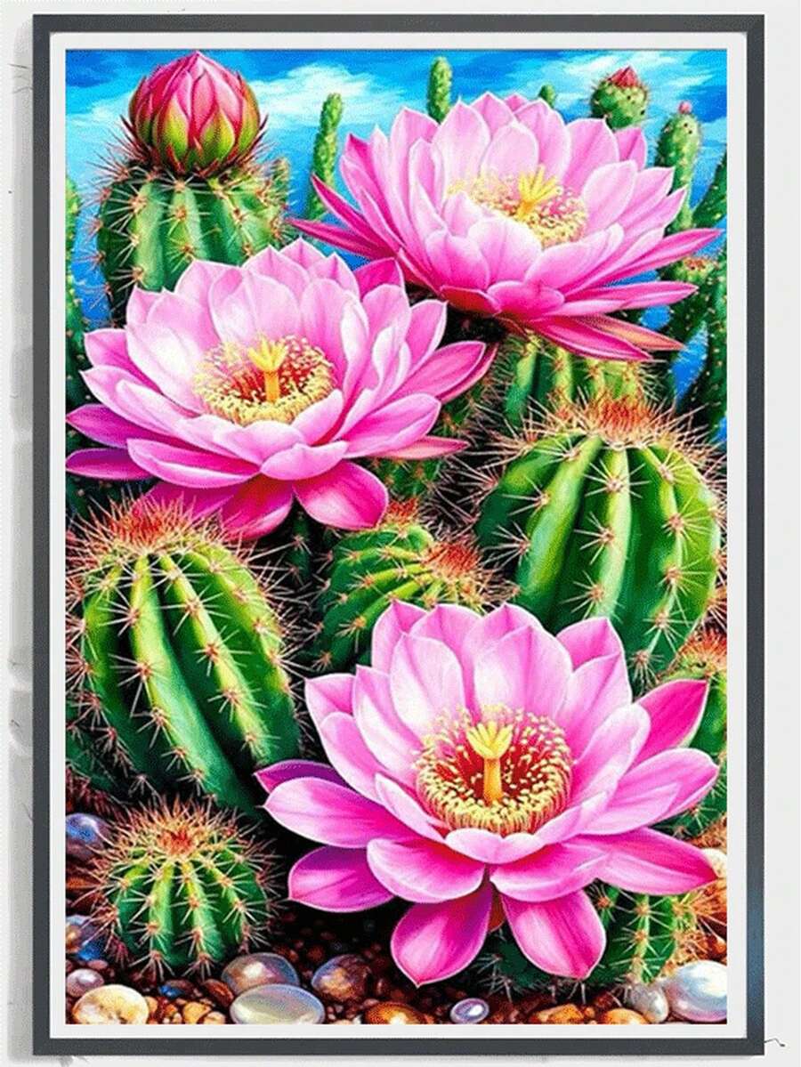 1pc Diamond Painting Kit, Vintage Realistic Style Rose Red Flower Cactus Diamond Art, Living Room Entrance Bedroom Decor Handmade DIY Rhinestone Wall Art