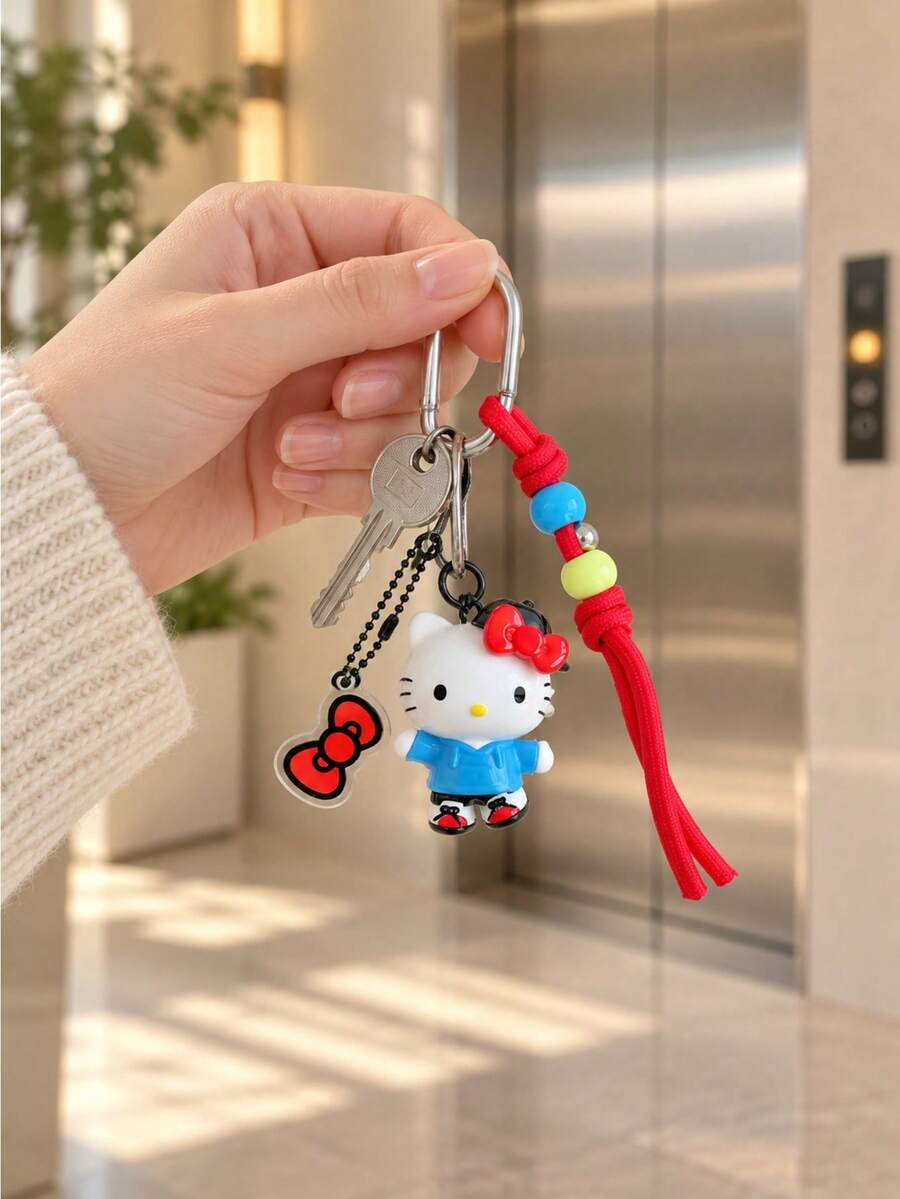 Miniso Sanrio Characters Street Style Keychain With Carabiner, Beaded Rope Strap And Mini Charm For Handbag Backpack Tote Bag, Birthday Christmas Gift - Style 1 - View 1