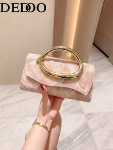 Dedoo 1pc Fashion Metal Decor Mini Box Clutch, Elegant Shiny Metal Strip Design, Luxury Style For Women, Suitable For Evening Party, Wedding, Ball - Pink - View 3