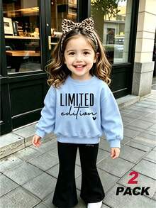 Little Girls 2Pcs Outfit, Limited Edition Letter Print Sweatshirt & Flared Pants Set, Casual Long Sleeve Baby Girl Tracksuit For Daily Autumn Wear - Multicolor - View 2
