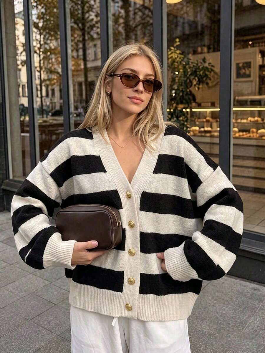 Bold Striped V-Neck Sweater Cardigan, Gold Button Front, Ribbed Knit, Long Sleeves, Beige And Black, Relaxed Fit, Elegant Fall Layering Top - Apricot - View 1