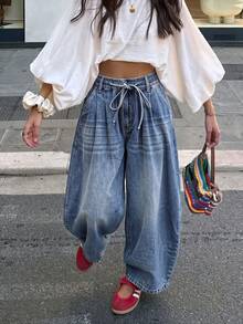 Women's Casual Wide Leg Jeans, Drawstring Waist With Pockets, Loose Fit Long Vintage Style Pants - Medium - View 7