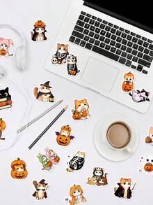 50Pcs Pumpkin Cat Stickers, Cute Cartoon Style, Costumed Kittens With Pumpkin Lanterns, Ghosts, Witch Hats, Capes, Skeletons, Candies, Star Elements, For Journal Collage, Tablet, Notebook, Storage Box, DIY Craft Decoration - Multicolor - View 3