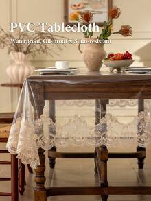 1pc Transparent PVC Lace Embroidered Trim Tablecloth, Table Mat, Stain-Resistant, Anti-Dirt, Dining Table Side Cabinet Decorative Tablecloth - Champagne - View 3