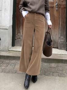 Women's High Waist Corduroy Wide Leg Pants, Single Button Zipper Fly, Square Patch Pockets, Solid Color Casual Long Pants - Khaki - View 2