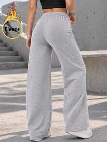 Women Thermal Lined Wide Leg Full Length Pants With Drawstring Elastic Waist Relaxed Fit Casual Sweatpants For Daily Wear. - Grey - View 5