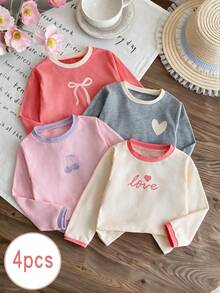 Girls Casual Short Sleeve T-Shirt Heart Bow Cherry Print Top 4pcs Set - Multicolor - View 4
