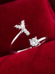 1pc 26-Letter Open Design Copper Zirconia Decorated Ring, Minimalist Style Versatile Index Finger Accessory For Women - Open Ring - View 24