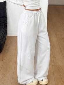 1pc Girls Teen American Street Style Creative Structure Outdoor Casual Loose Wide Leg Long Pants - White - View 3