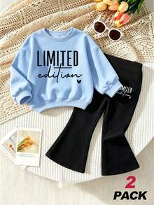 Little Girls 2Pcs Outfit, Limited Edition Letter Print Sweatshirt & Flared Pants Set, Casual Long Sleeve Baby Girl Tracksuit For Daily Autumn Wear - Multicolor - View 3
