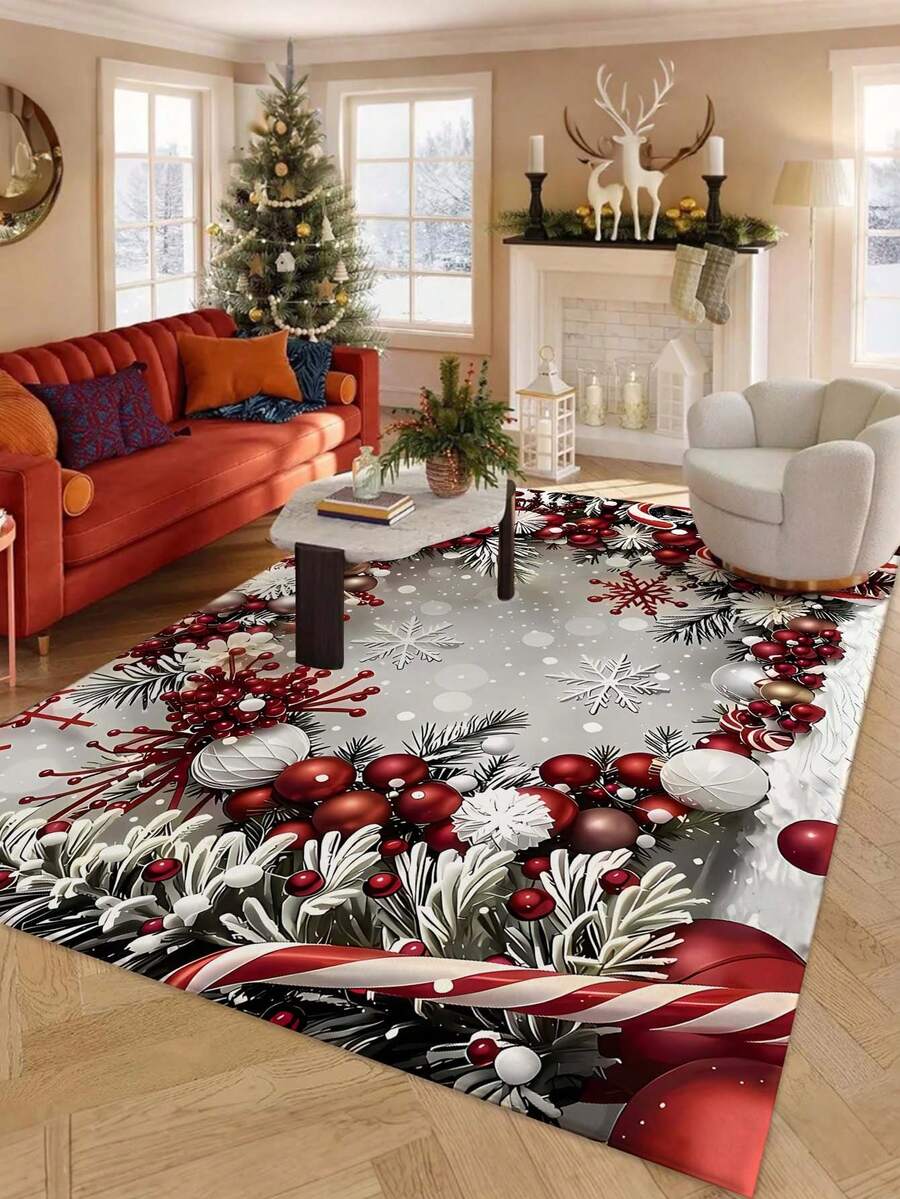 Christmas Colorful Ball Print Doormat, Non-Slip, Absorbent, Easy To Clean, Rectangular Entryway Mat, Christmas Winter Holiday Decor Foot Mat