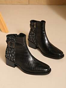 Women's Ankle Boots, New Autumn/Winter Fashion Comfortable Leopard Print Patchwork Rhinestone Decor Chunky Heel Back Zipper Design Suitable For Commuting, Outdoor, Gatherings And Parties - Black - View 5