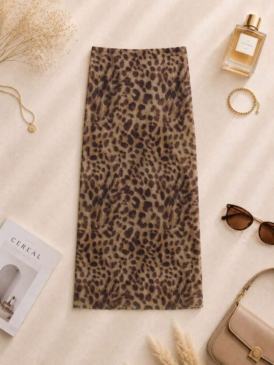 Women's Leopard Print Casual Skirt Spring, Boho Chic - Mocha Brown - View 1