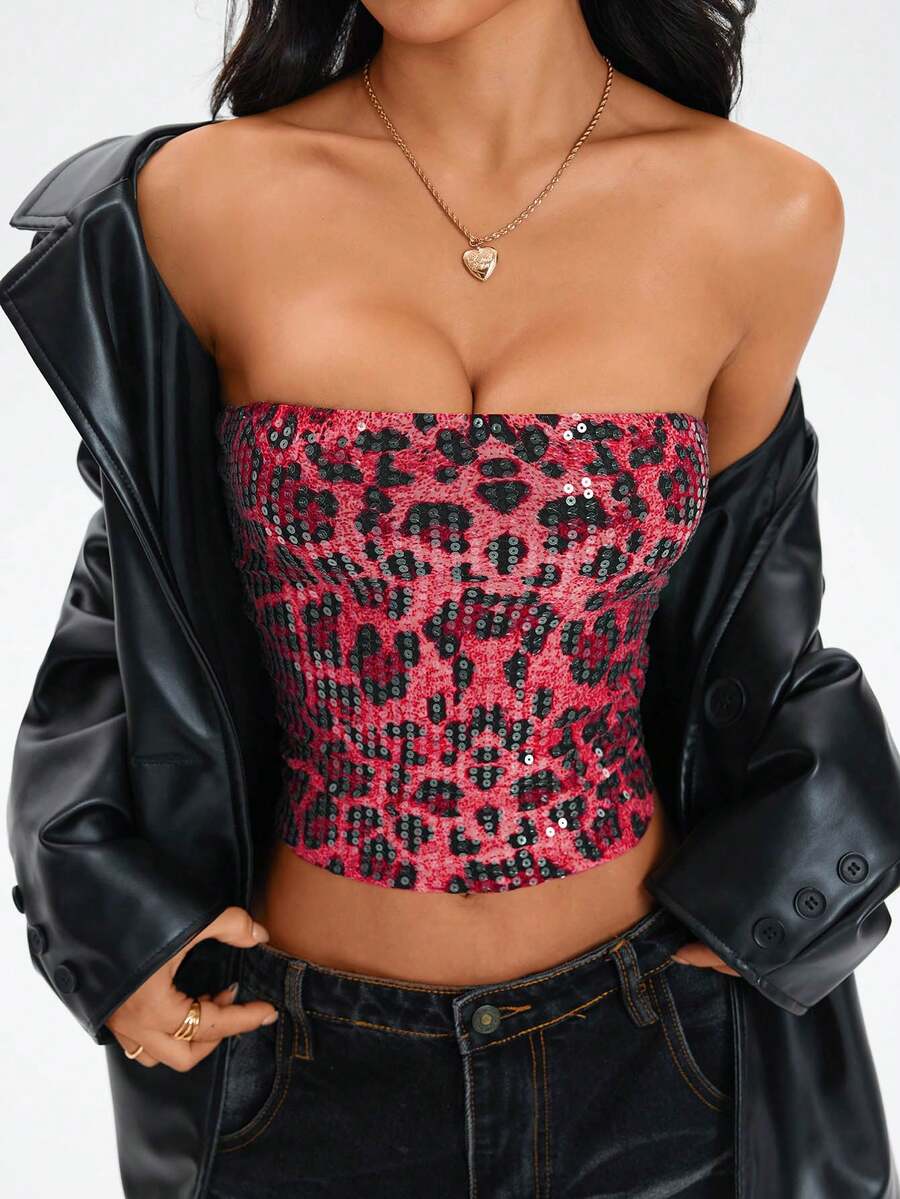 Women's Halloween Leopard Print Sequin Fashion Tube Top - Hot Pink - View 1