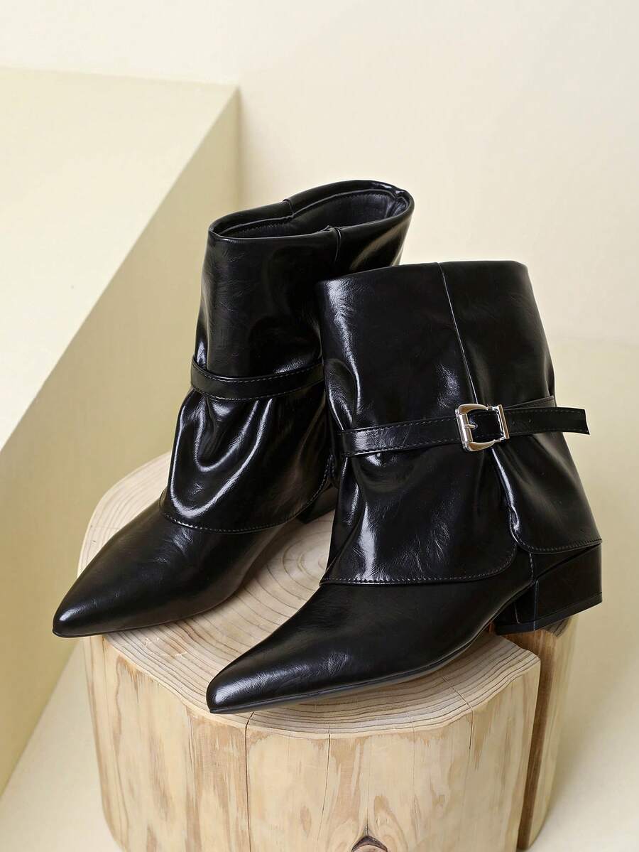 Sepatu Bot Wanita Ujung Lancip dengan Gesper, Sepatu Bot Berkuda Hak Tebal, Sepatu Bot Ankle Serbaguna Bergaya, Desain Lipit, Sepatu Bot Tanpa Tali - Hitam - View 1