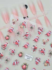 1pc Christmas Red Cardinal Bell Heart Candy Cane Colorful Ball & Signpost Nail Stickers, Self-Adhesive Glitter Nail Decals, Asymmetrical Shape, Cute Energetic Style, Ins-Inspired, Suitable For Theme Parties - Multicolor - View 4