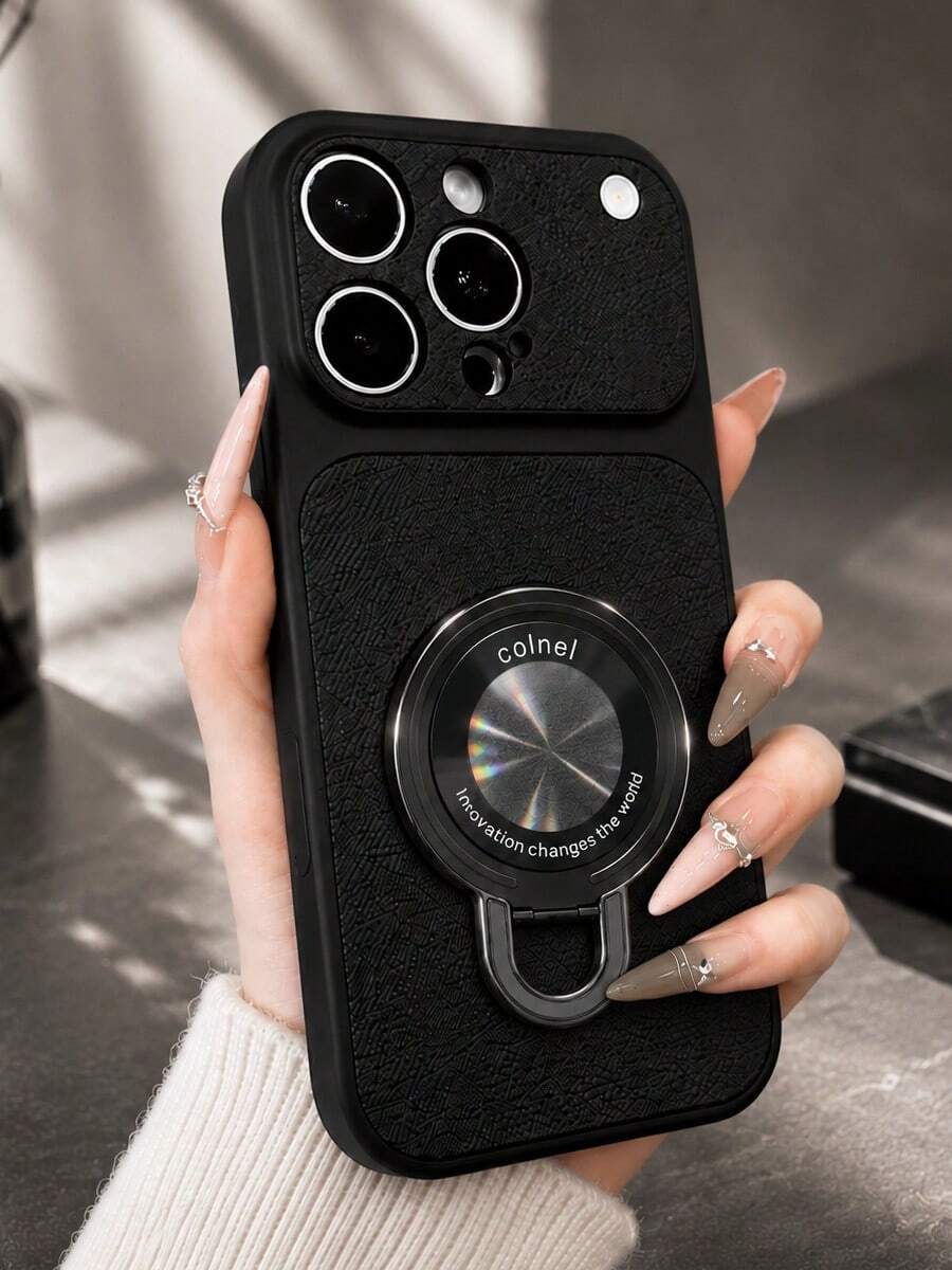 MewTrek Casing Ponsel Kulit PU Tekstur Leci Mewah, Stand Cincin Magnetik, Lubang Kamera Besar, Pelindung Anti Guncangan dan Anti Jatuh yang Melindungi Seluruh Bagian, Kompatibel dengan iPhone, Galaxy, Honor, Reno, MOTO - Hitam - View 1