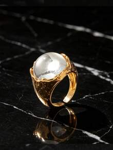 SEEKGLEE Round White Gemstone With Gold Metal Geometric Ring, Suitable For Women's Daily Wear, Ring Accessory, Holiday Gift - Gold Ring - View 2