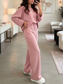 Women's Casual Pink 2 Pieces Loungewear Set, Long Sleeve Top With Drawstring Wide Leg Sweatpants, Comfortable Spring/Autumn Outfit - Pink - View 4