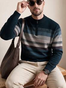 Men's Autumn/Winter Half-Zip Collar Striped Casual Pullover Sweater, Business Commute Simple Style, Long Sleeve Top - Navy Blue - View 6