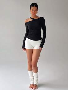 Women's Asymmetrical Shoulder Strap Long Sleeve Sports Top Side Ruched Slim Fit Flattering Yoga Fitness Running Long Sleeve T-Shirt - Black - View 7