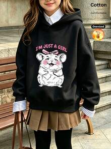 2026 Autumn/Winter Custom Loose Black Sweatshirt, Girls Style, Cartoon Hamster Pattern And Letter Print, Casual Streetwear - Black - View 1