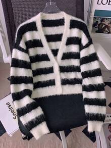 Women's Autumn/Winter Fashion V-Neck Button Design Striped Drop Shoulder Long Sleeve Casual Versatile Knit Cardigan - Black - View 5
