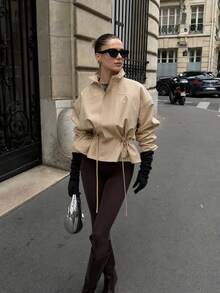 Chaqueta con cordón para mujer, elegante, unicolor, con cuello alto y manga larga, abrigo casual de calle para mujer - Caqui - Ver 3