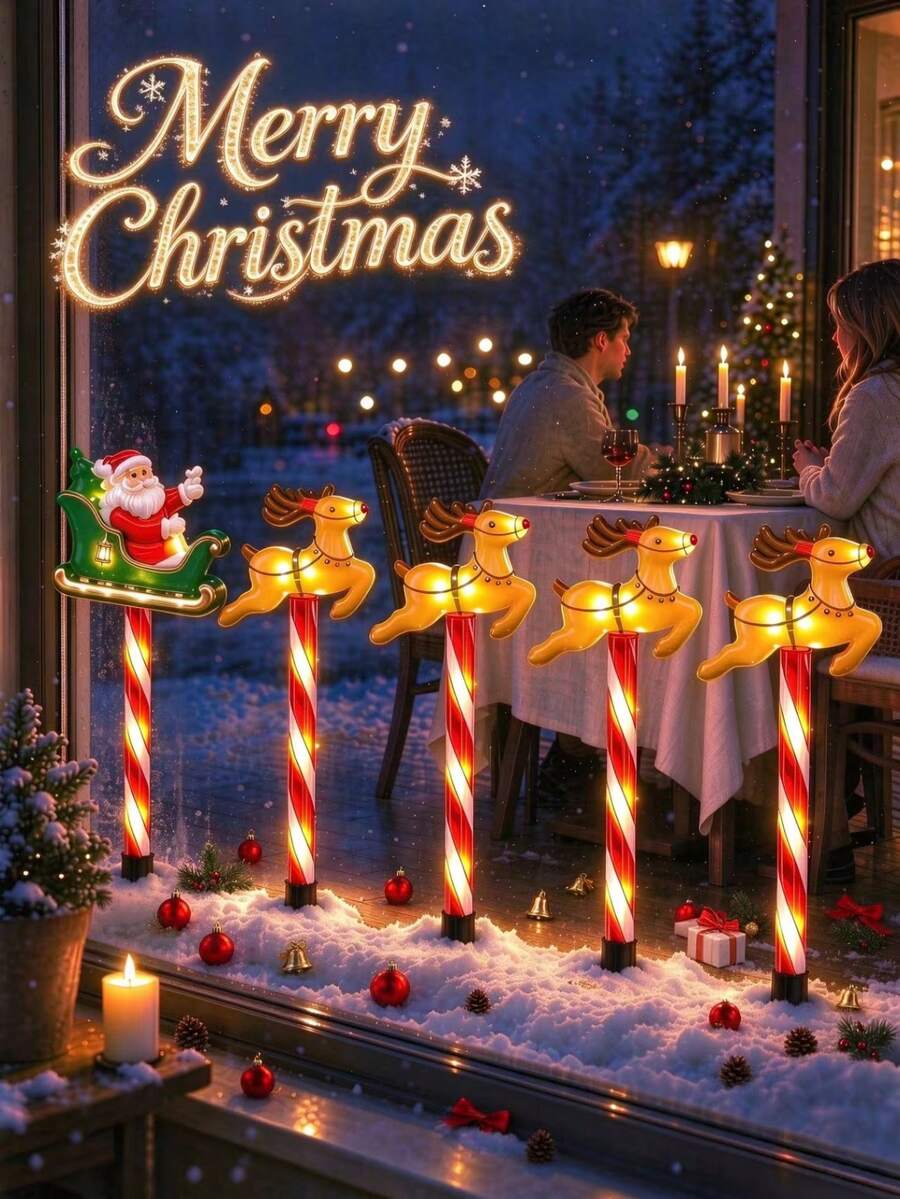 Christmas Solar Ground Lights, Santa Sleigh & Reindeer LED Pathway Lights, 8 Lighting Modes, Light Sensor, Auto On At Dusk, IP44 Waterproof Weather-Resistant, Candy Cane Garden Lawn Lights, Outdoor Christmas Yard Walkway Fence Holiday Party Decoration - Multicolor - View 1