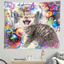 Fun Pixel Music Cat Tapestry, Polyester Fiber Wall Decor Hanging, Featuring A Cute Tabby Cat Wearing Headphones Enjoying Music, Colorful Pixel Style Background With Dynamic Musical Notes And Retro Digital Icons; Single-Sided Print, Suitable For Bedroom, Dorm Or Living Room Decoration; A Creative And Fun Home Decor Gift For Teenagers And Cat Lovers. - Multicolor - View 1
