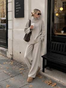 Women's Chic Beige High Neck Loose Knit Sweater And Wide Leg Pants Co-Ord Set, Perfect For Fall Daily Wear - Khaki - View 3