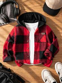 Tween Boy Kids Casual Versatile Red & Black Plaid Letter Patchwork Hooded Jacket, Suitable For Holidays, Travel, Vacation, Parties And Other Activities - Red - View 2