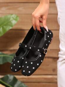Women's Breathable Minimalist Buckle Polka Dot Square Toe Low Vamp One Strap Flat Ballet Shoes - Black - View 6