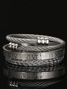 3pcs/Set Fashionable Creative Stainless Steel Woven Roman Numeral Bracelet For Men, Suitable For Daily Wear, Party, Gift For Boyfriend - Multicolor - View 4