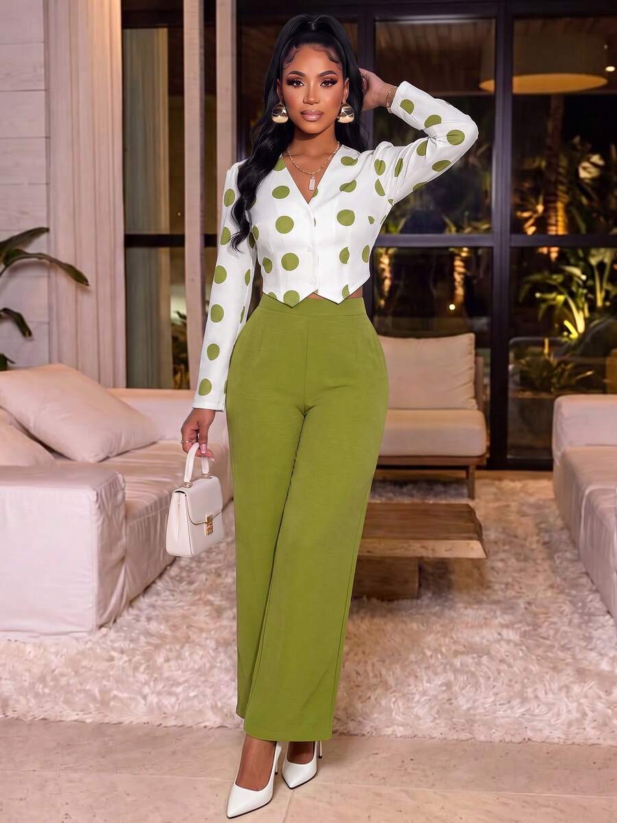 Women's Casual Elegant Polka Dot 2 Pieces Set, Including Cardigan Collar Shirt And Wide Leg Pants, Suitable For Autumn - Green - View 1