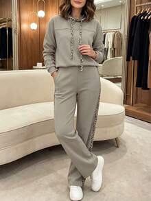 Women's Casual Leopard Print Drawstring Top And Pants Set, Minimalist Spring Outfit Elegant - Grey - View 7