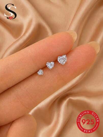 SereneSpark 3pcs 925 Sterling Silver Cute Heart Shaped Earrings, Women's Earrings, 18K Gold Plated, Suitable For Party, Valentine's Day, Wedding, Engagement, Bride Wear, Exquisite Jewelry