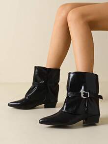 Sepatu Bot Wanita Ujung Lancip dengan Gesper, Sepatu Bot Berkuda Hak Tebal, Sepatu Bot Ankle Serbaguna Bergaya, Desain Lipit, Sepatu Bot Tanpa Tali - Hitam - View 6