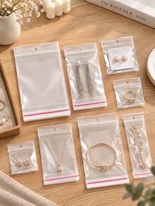 100pcs Transparent Self-Sealing Plastic Bags, Multiple Sizes Reusable Polyethylene Bags With Hanging Holes, Jewelry Display Packaging Bags, Gift Packaging Bags, Gift Storage Bags - Multiple Styles - View 3