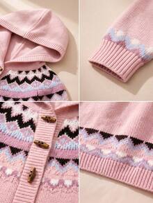 JIANHU Women's Pink Hooded Fair Isle Pattern Button-Up Cardigan, Suitable For New Year, Outdoor, Travel And Daily Wear - Pink - View 10