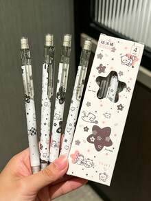 4pcs/1set Checkered Cute Cat Automatic Pencils, Pen Body Full Print Soft Cute Kitten, Checkered, Star Small Flower Pattern, Black White Pink Soft Color Scheme, With Easy Transparent Clip, Click To Retract Easy Operation - A - View 1
