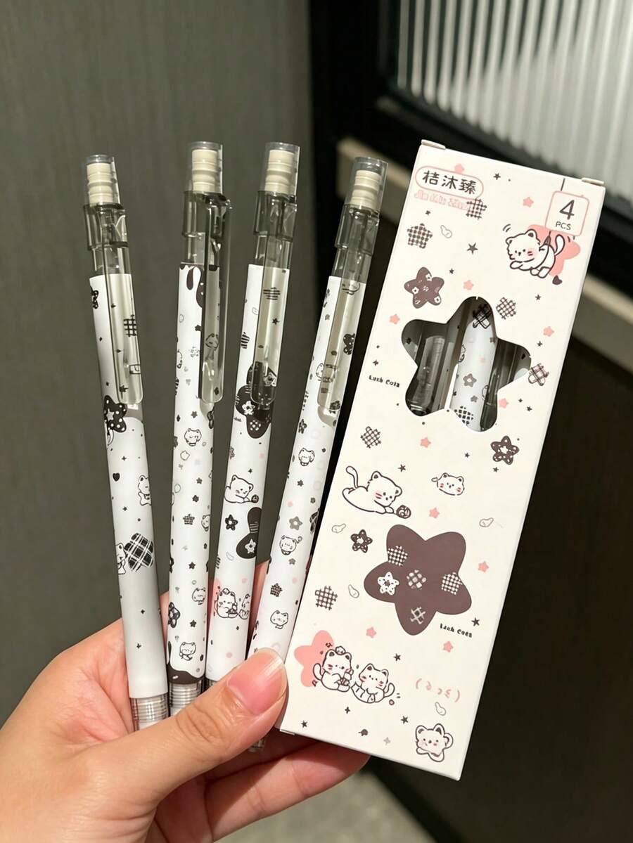4pcs/1set Checkered Cute Cat Automatic Pencils, Pen Body Full Print Soft Cute Kitten, Checkered, Star Small Flower Pattern, Black White Pink Soft Color Scheme, With Easy Transparent Clip, Click To Retract Easy Operation - A - View 1