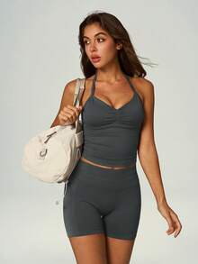 UONNOU Women's Halter Neck Ruched Cropped Top & High Waist Peach Butt-Lifting Seamless Shorts, Slim Fit 2-Piece Workout Set - Dark Grey - View 8
